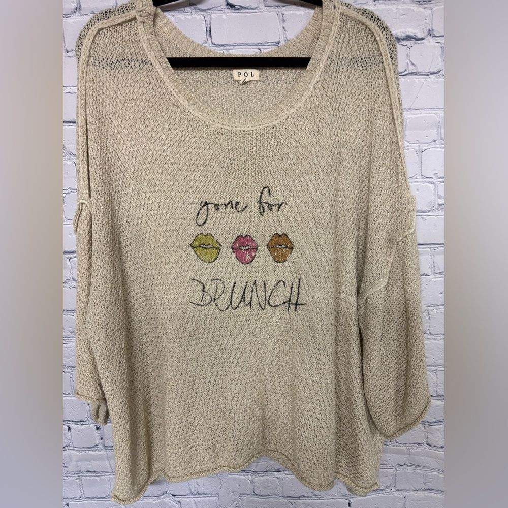 POL Oversize Open Knit Crochet Gone for Brunch Graphic Casual Comfy Sweater M